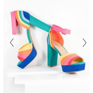 Rainbow Stripe Suede Peep Toe Pumps